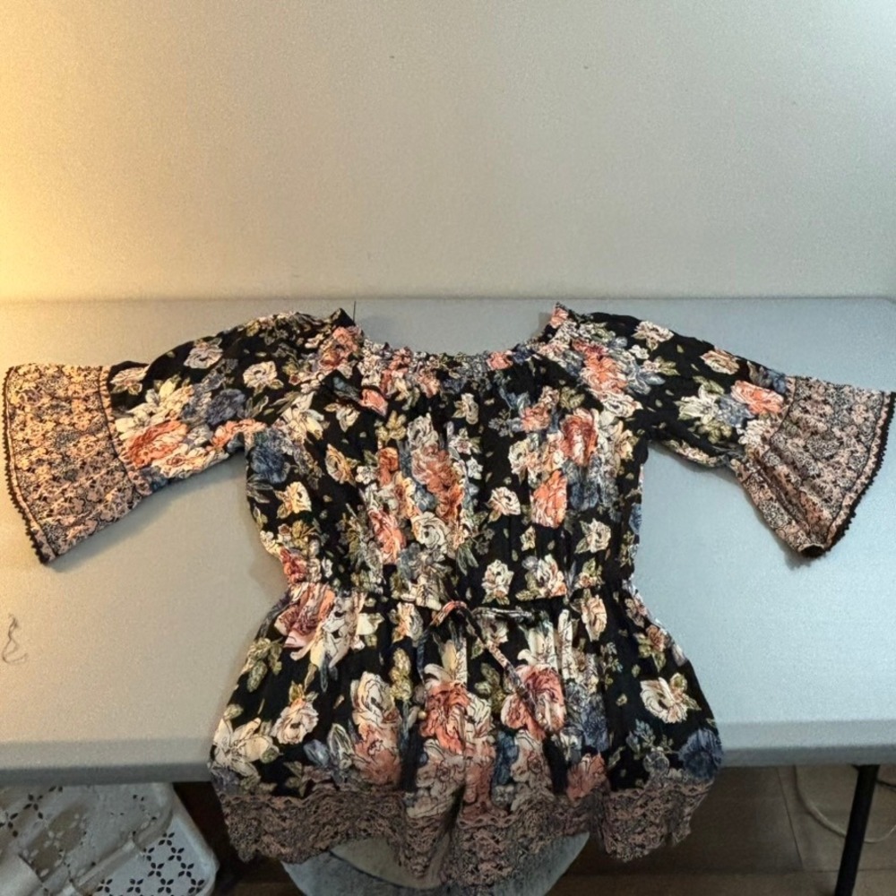 Angie Festival Floral Romper Crochet Lace Trim‎ Bell Sleeve Off Shoulder M Boho - Picture 6 of 16